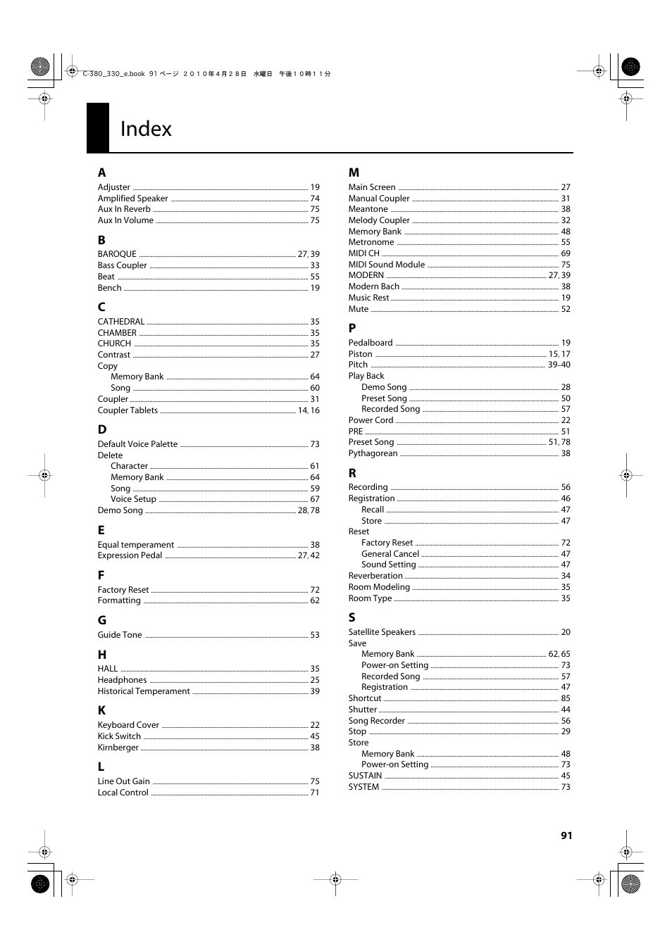 Index | Roland Classic Organ C-380 User Manual | Page 91 / 96