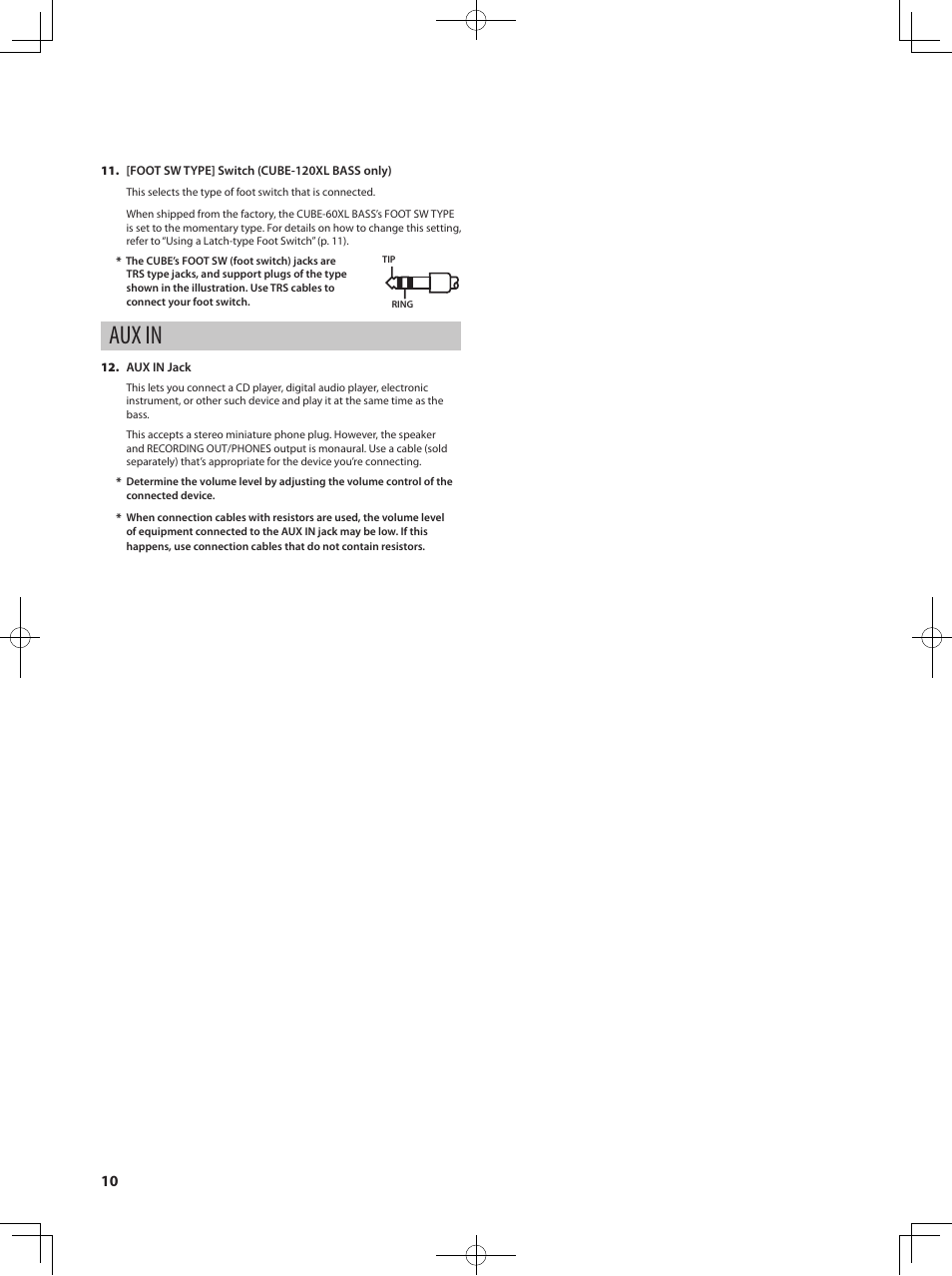 Aux in | Roland Bass Amplifier CB-60XL User Manual | Page 12 / 27