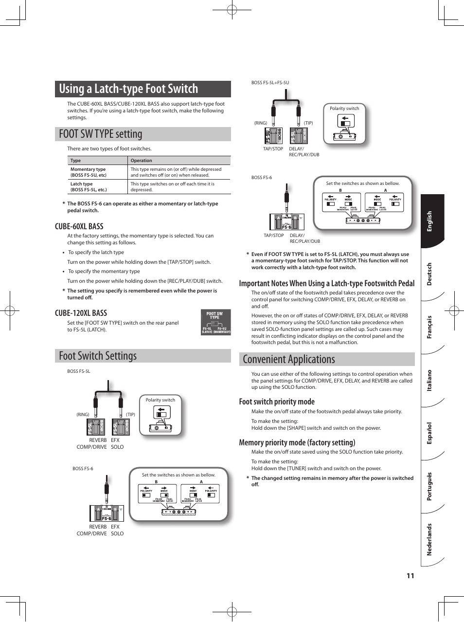 Using a latch-type foot switch, Foot sw type setting, Foot switch settings | Convenient applications, Cube-60xl bass, Cube-120xl bass, Foot switch priority mode | Roland Bass Amplifier CB-60XL User Manual | Page 13 / 27