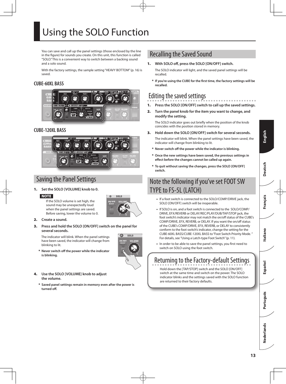 Using the solo function, Saving the panel settings, Recalling the saved sound | Editing the saved settings, Returning to the factory-default settings | Roland Bass Amplifier CB-60XL User Manual | Page 15 / 27