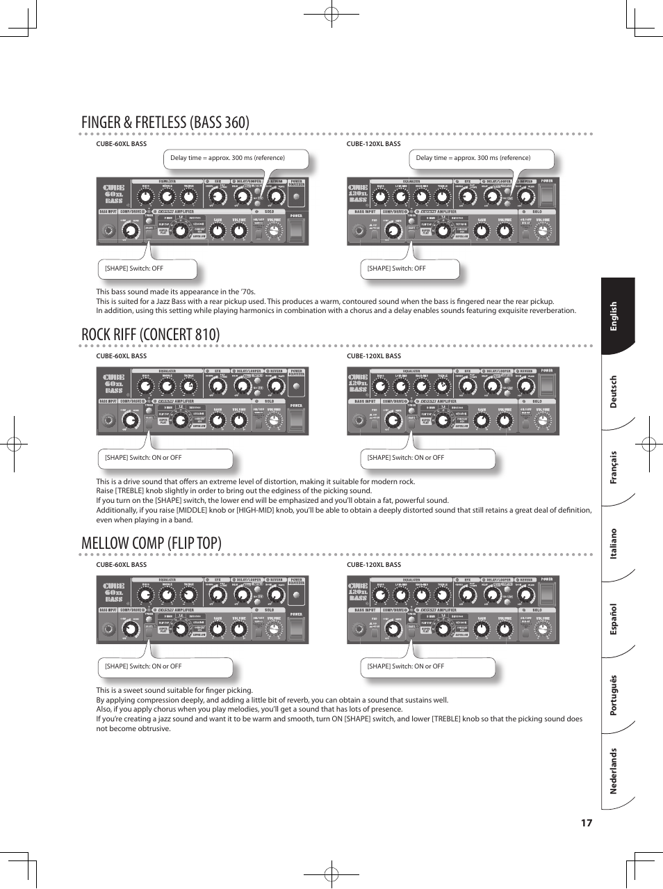 Finger & fretless (bass 360), Rock riff (concert 810), Mellow comp (flip top) | Roland Bass Amplifier CB-60XL User Manual | Page 19 / 27