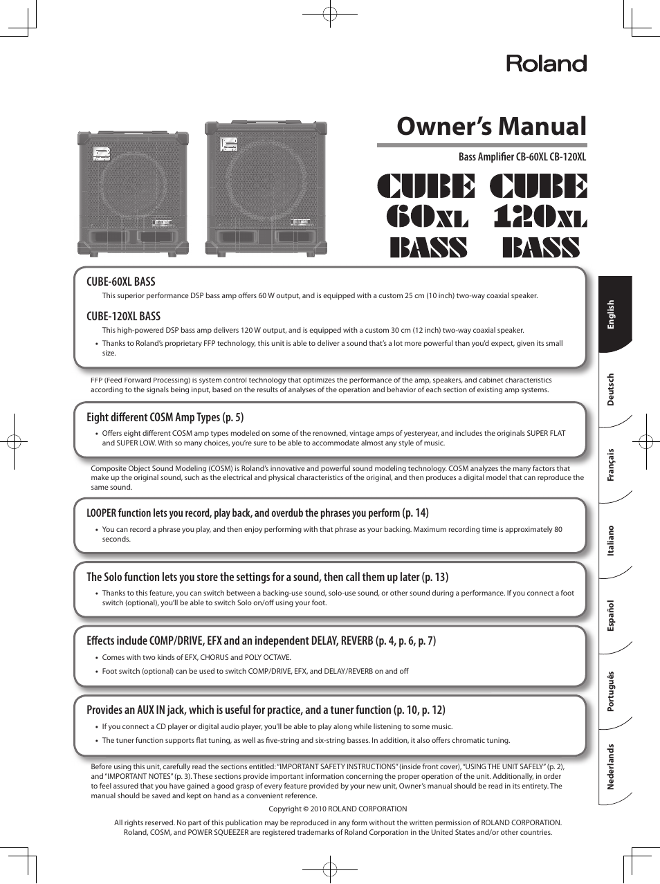 Owner’s manual, Eight diﬀ erent cosm amp types (p. 5), P. 14) | Cube-60xl bass, Cube-120xl bass | Roland Bass Amplifier CB-60XL User Manual | Page 3 / 27