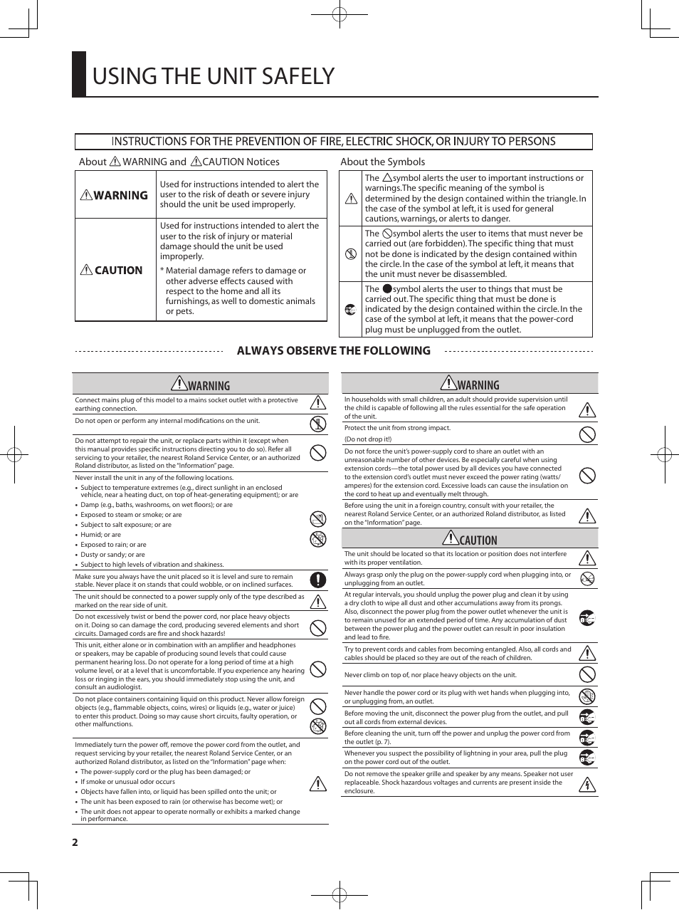 Using the unit safely, Warning, Caution | Always observe the following | Roland Bass Amplifier CB-60XL User Manual | Page 4 / 27