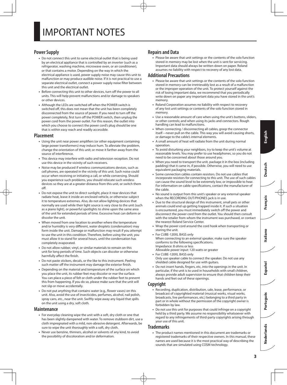 Power supply, Placement, Maintenance | Repairs and data, Additional precautions, Copyright, Trademarks | Roland Bass Amplifier CB-60XL User Manual | Page 5 / 27