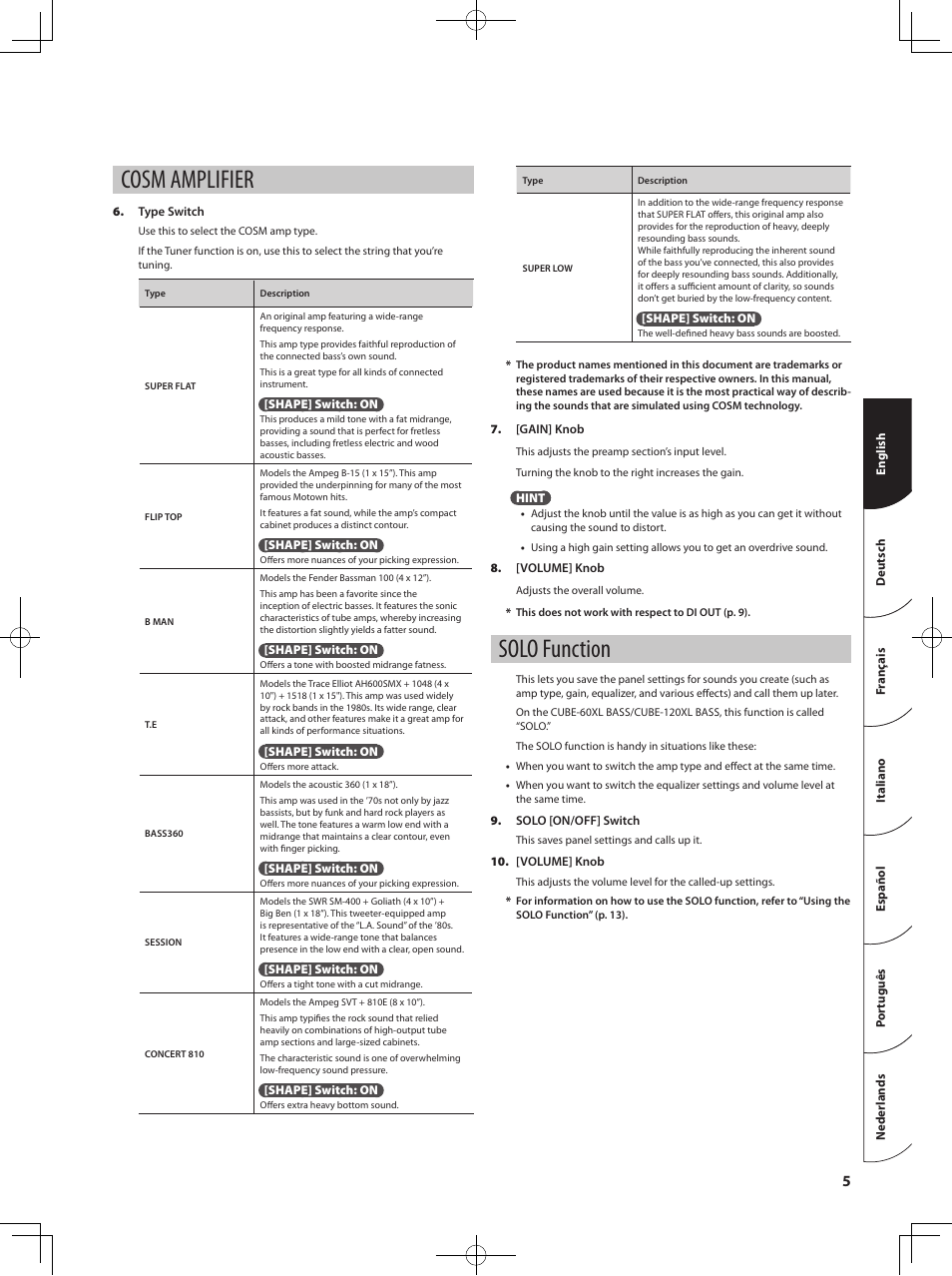 Cosm amplifier, Solo function | Roland Bass Amplifier CB-60XL User Manual | Page 7 / 27