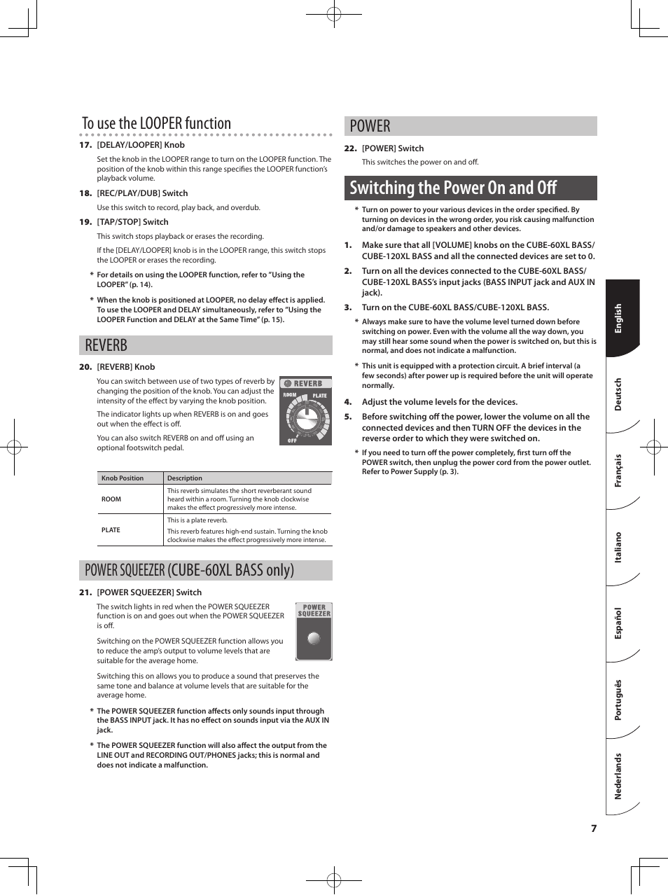 Switching the power on and oﬀ, Reverb, Power squeezer (cube-60xl bass only) | Power | Roland Bass Amplifier CB-60XL User Manual | Page 9 / 27