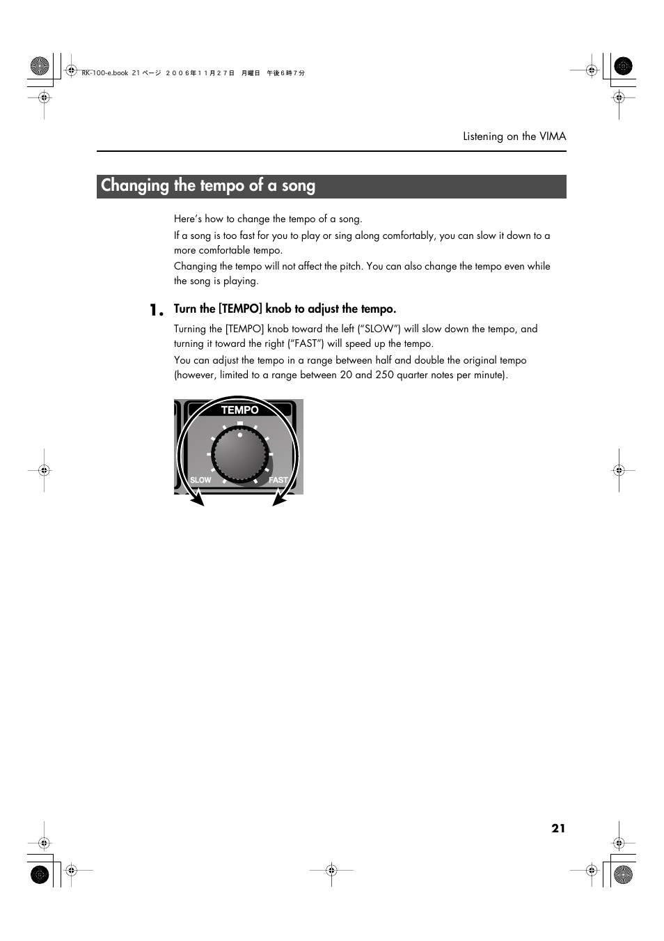 Changing the tempo of a song, Adjusts the tempo of the song (p. 21) | Roland RK-100 User Manual | Page 21 / 76