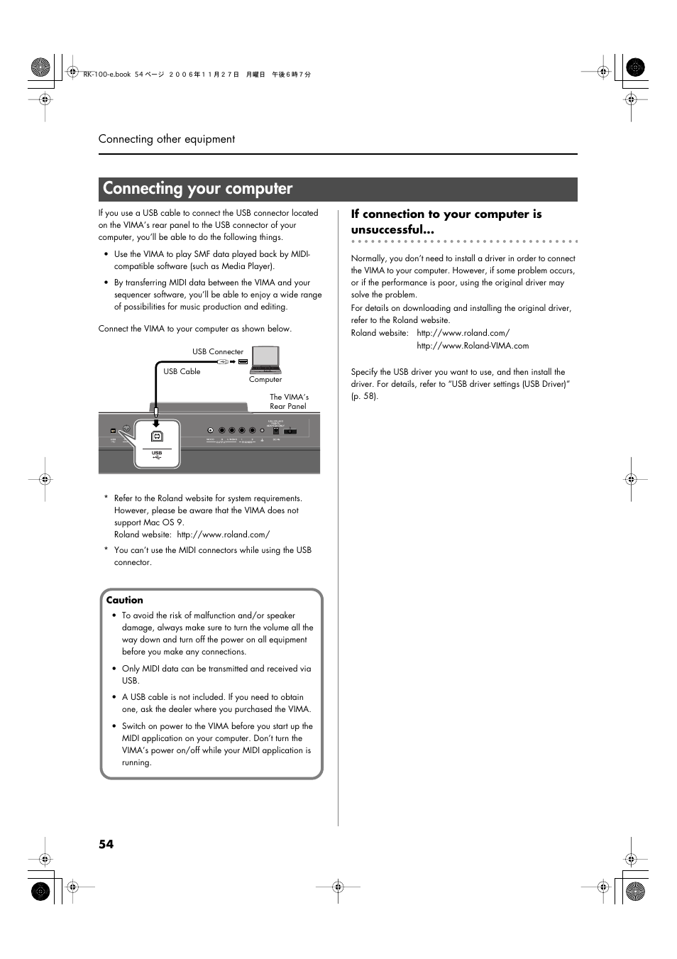 Connecting your computer, Performance data (p. 54) | Roland RK-100 User Manual | Page 54 / 76