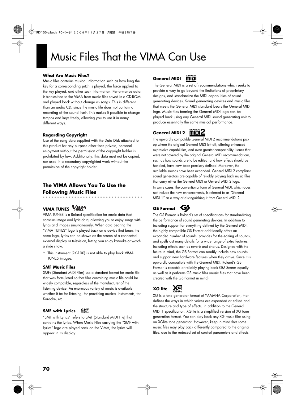 Music files that the vima can use | Roland RK-100 User Manual | Page 70 / 76