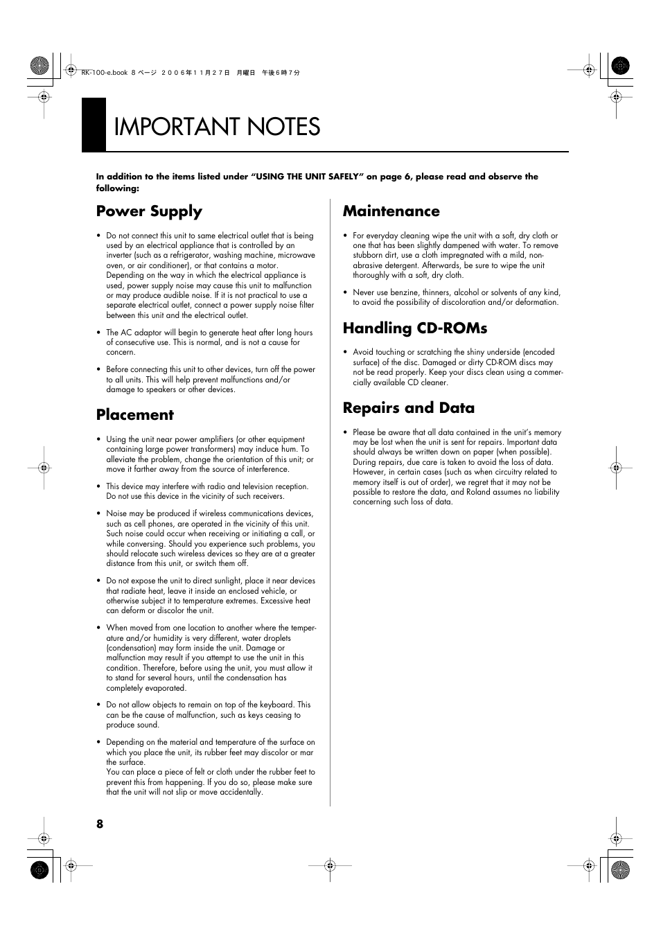 Important notes, Power supply, Placement | Maintenance, Handling cd-roms, Repairs and data | Roland RK-100 User Manual | Page 8 / 76