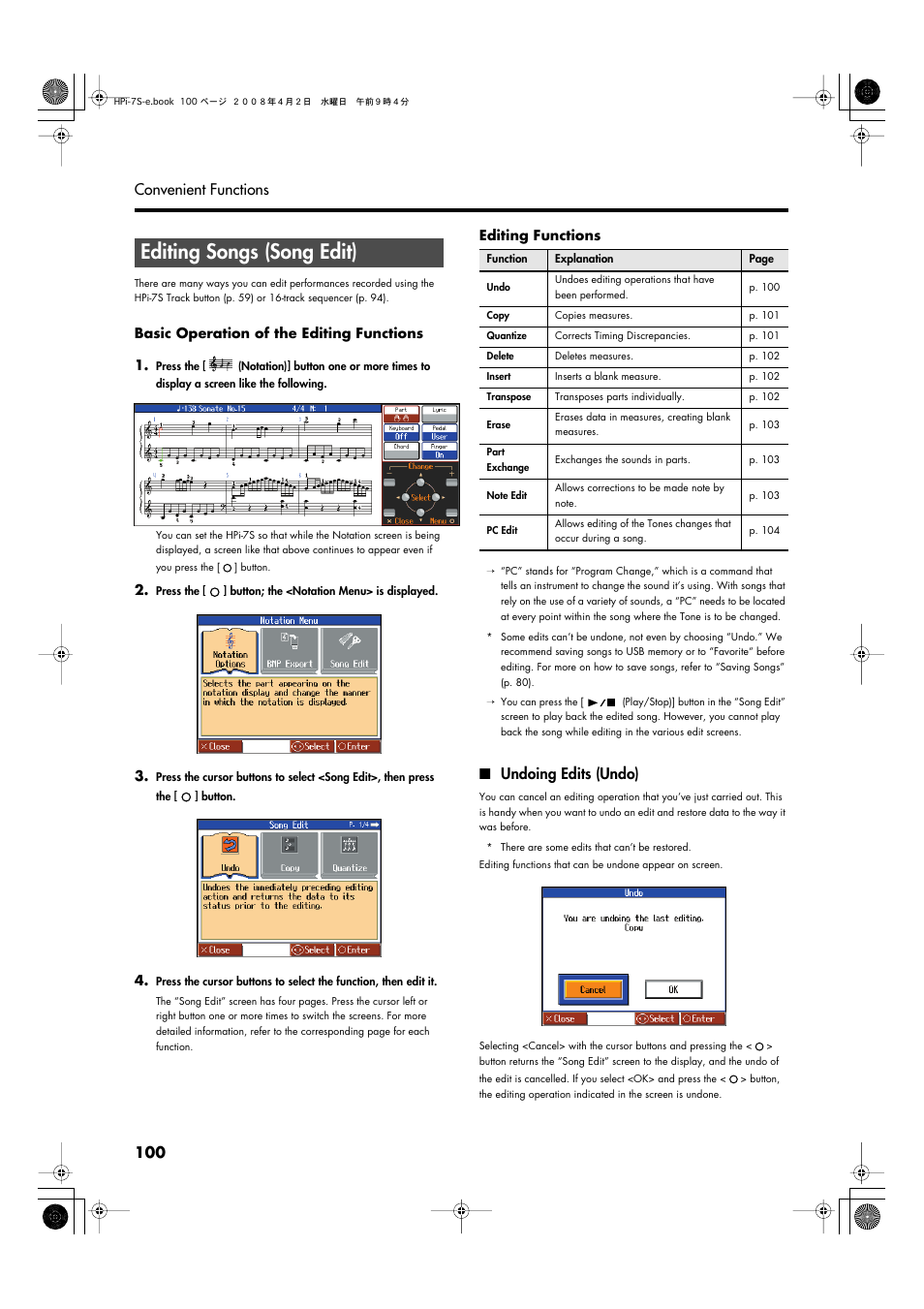 Editing songs (song edit), Undoing edits (undo), Having recorded, edited (p. 100), or changed | Recorded, edited (p. 100), or changed the, 100 convenient functions | Roland HPi-7S User Manual | Page 100 / 136