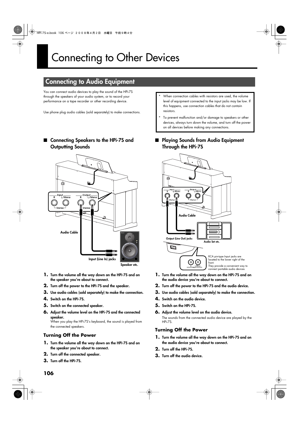 Connecting to other devices, Connecting to audio equipment, Through the hpi-7s’s speakers (p. 106) | Be output from the hpi-7s’s speakers (p. 106), Cassette tape (p. 106) | Roland HPi-7S User Manual | Page 106 / 136