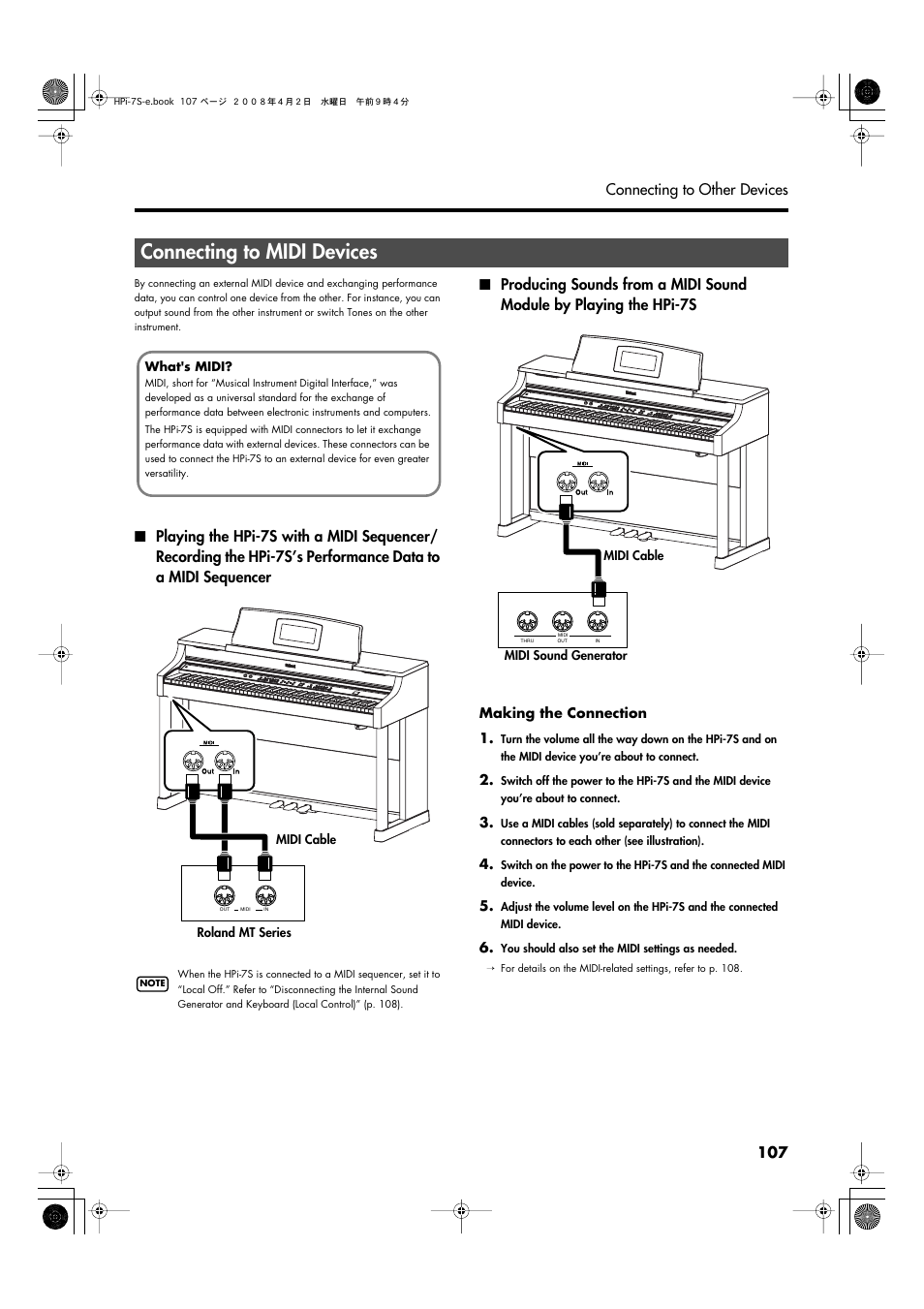 Connecting to midi devices, Performance data (p. 107) | Roland HPi-7S User Manual | Page 107 / 136