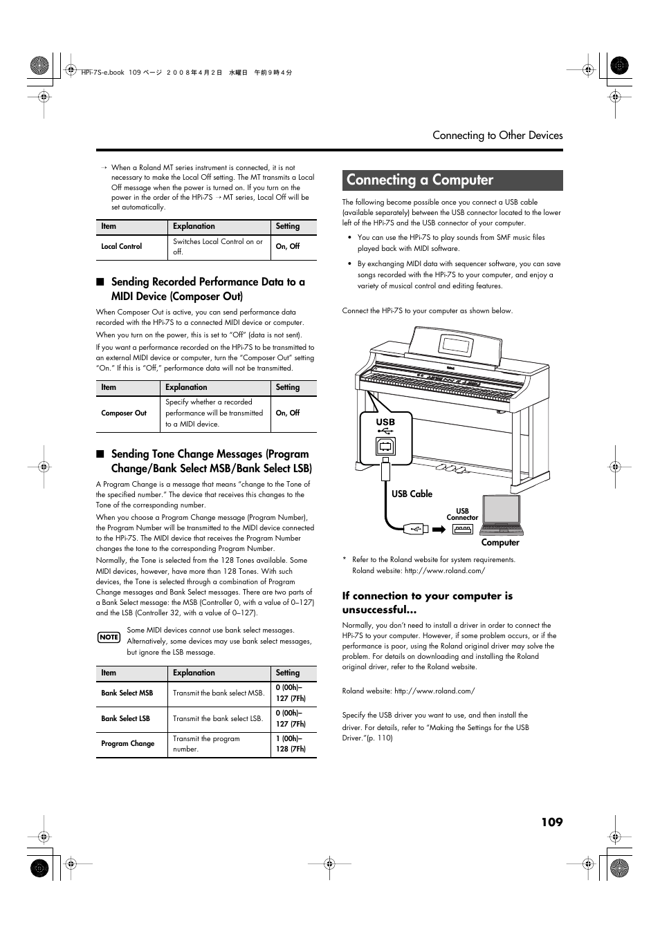 Connecting a computer, P. 109), Erases the data for switching tones (p. 109) | 109 connecting to other devices | Roland HPi-7S User Manual | Page 109 / 136