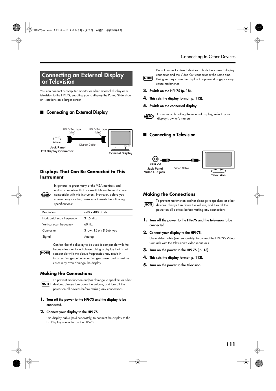 Connecting an external display or television, Connecting an external display, Connecting a television | Roland HPi-7S User Manual | Page 111 / 136