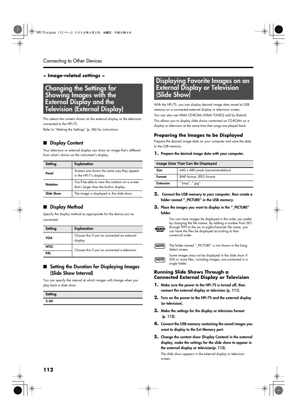 Display content, Display method, This sets the display format (p. 112) | Roland HPi-7S User Manual | Page 112 / 136