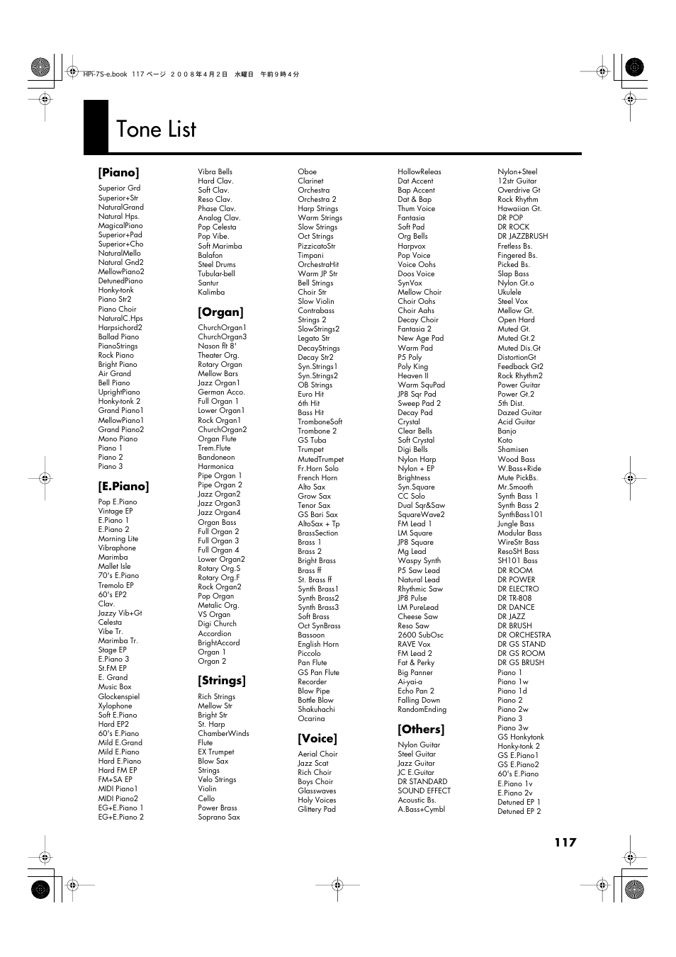 Tone list | Roland HPi-7S User Manual | Page 117 / 136