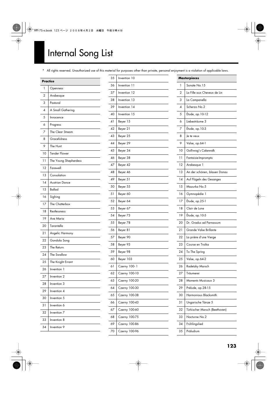 Internal song list, Internal song list” (p. 123) | Roland HPi-7S User Manual | Page 123 / 136