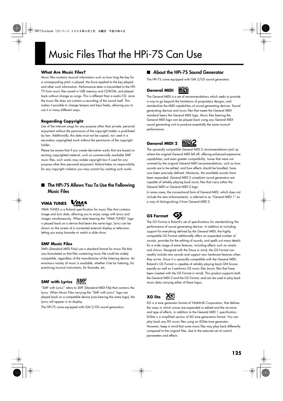 Music files that the hpi-7s can use, About the hpi-7s sound generator, Music files that the hpi-7s can use” (p. 125) | Roland HPi-7S User Manual | Page 125 / 136