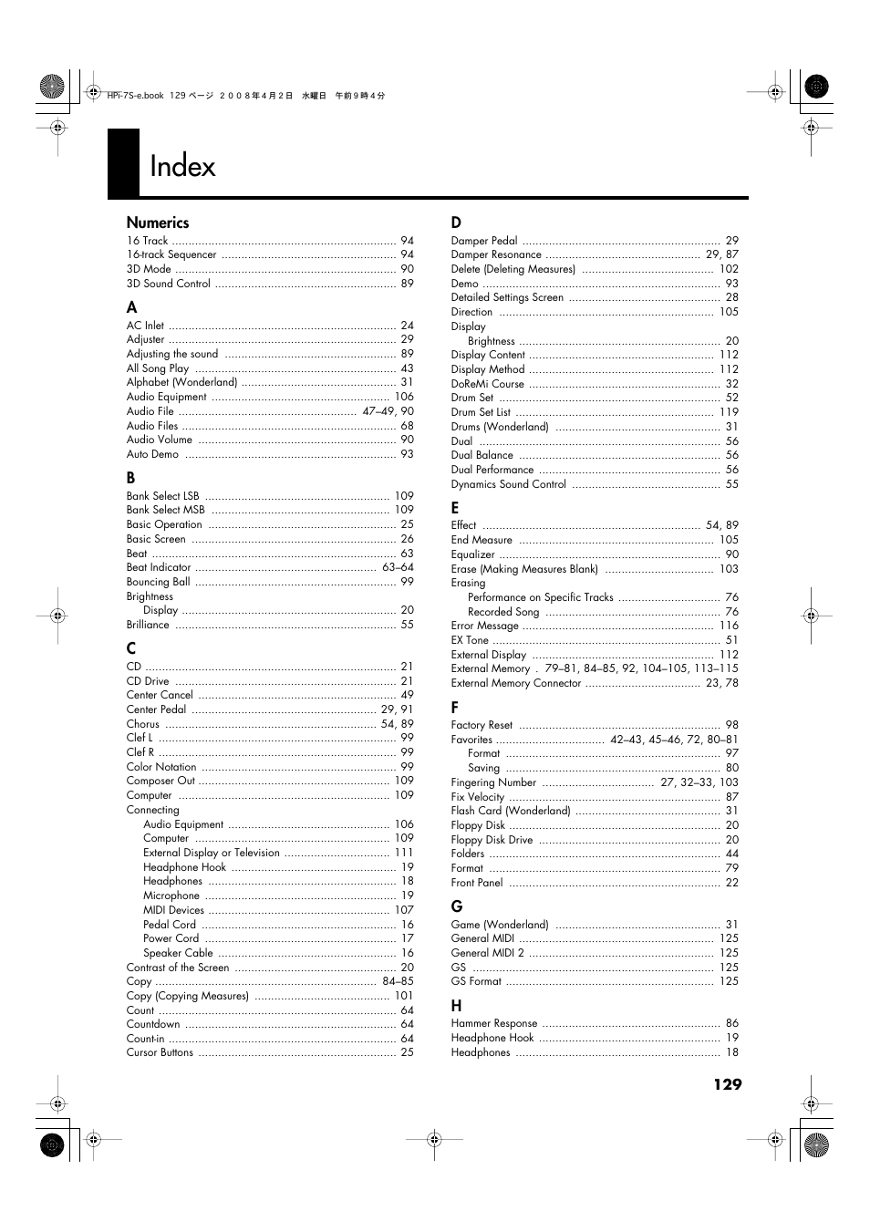 Index | Roland HPi-7S User Manual | Page 129 / 136