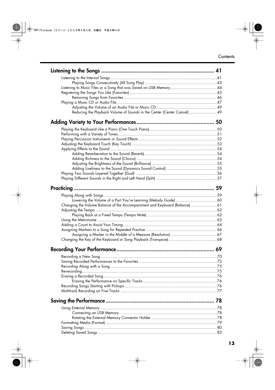 Listening to the songs, Adding variety to your performances, Practicing | Recording your performance, Saving the performance | Roland HPi-7S User Manual | Page 13 / 136