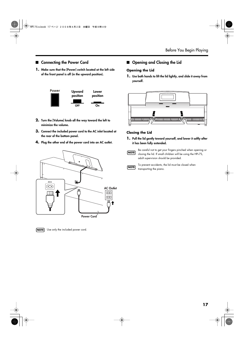 Connecting the power cord, Opening and closing the lid | Roland HPi-7S User Manual | Page 17 / 136