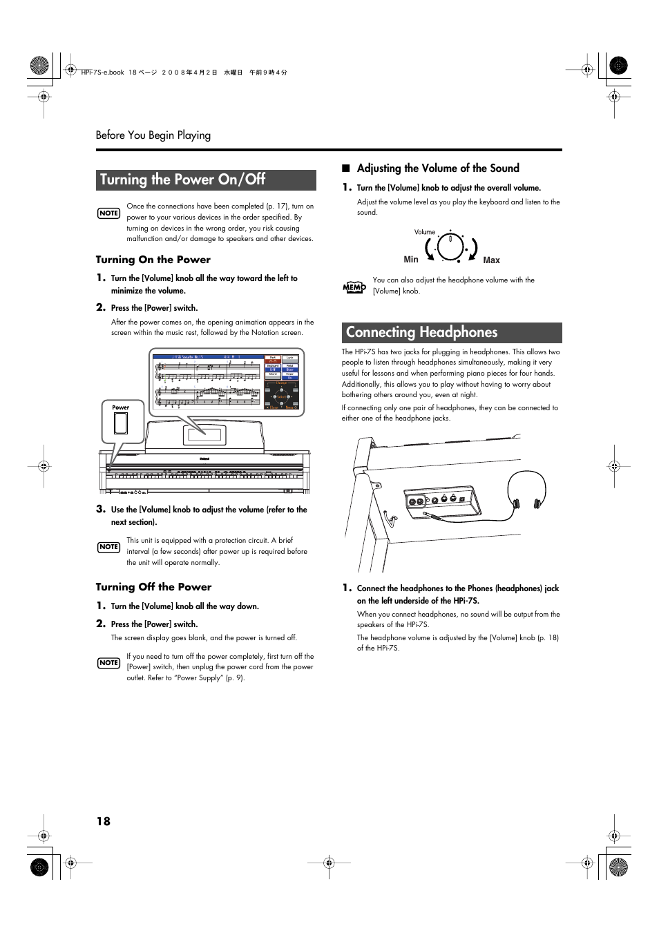 Turning the power on/off, Adjusting the volume of the sound, Connecting headphones | Roland HPi-7S User Manual | Page 18 / 136