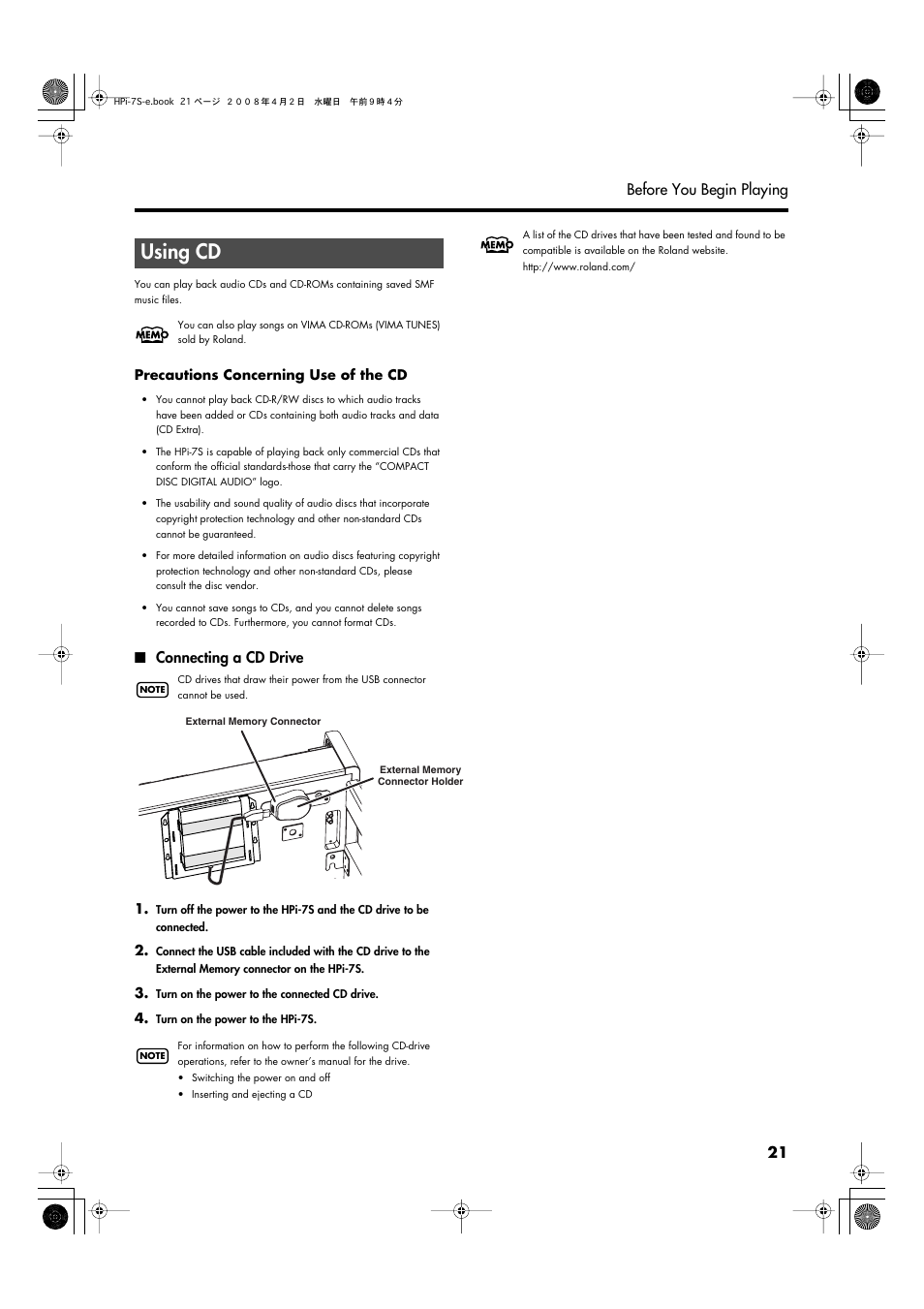 Using cd, Connecting a cd drive | Roland HPi-7S User Manual | Page 21 / 136