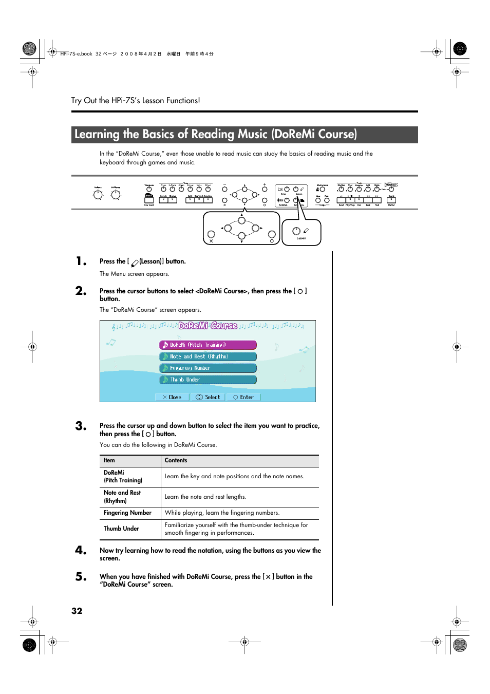 Lesson,” and other lesson functions (p. 32–p. 40) | Roland HPi-7S User Manual | Page 32 / 136