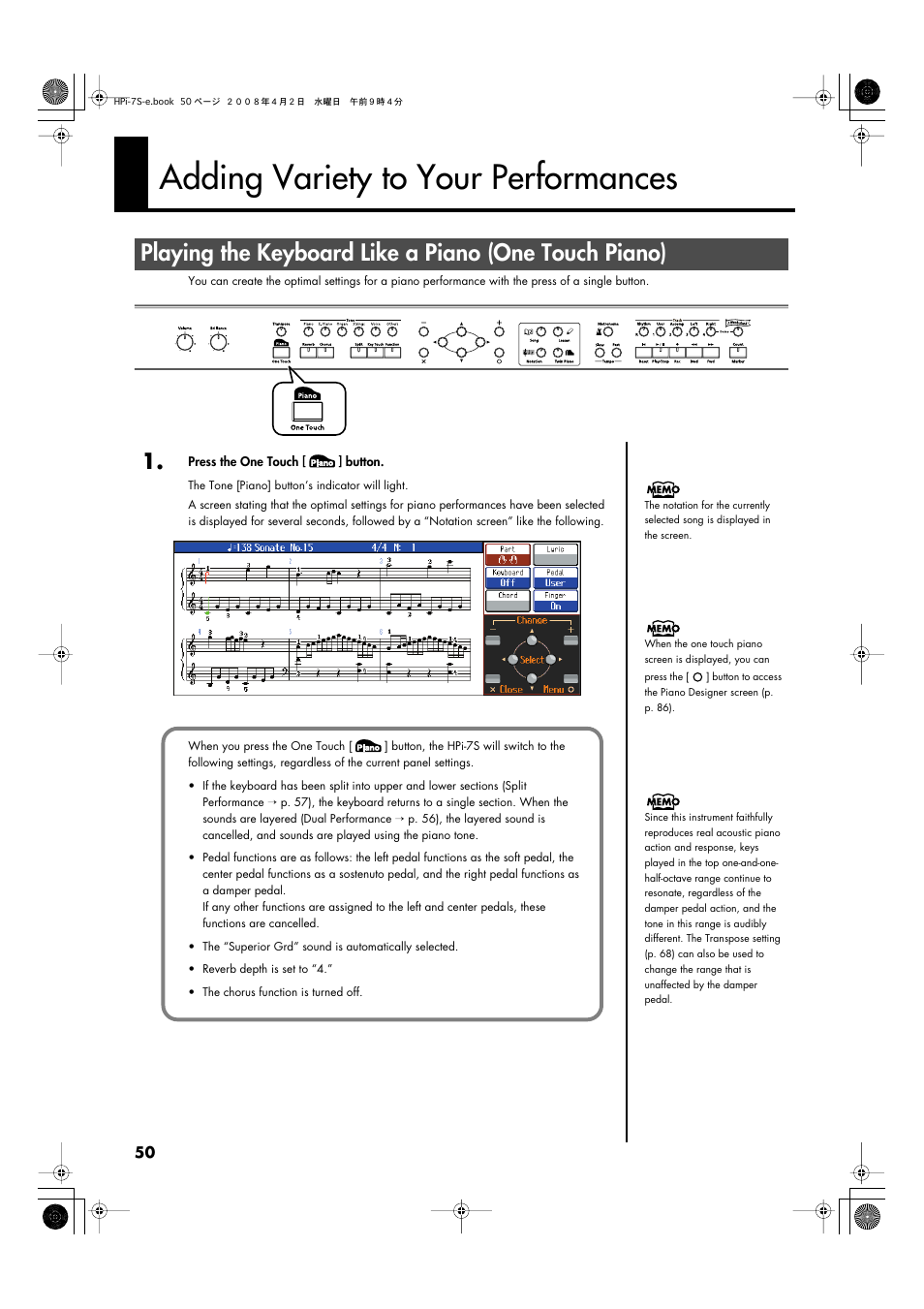 Adding variety to your performances, P. 50 | Roland HPi-7S User Manual | Page 50 / 136