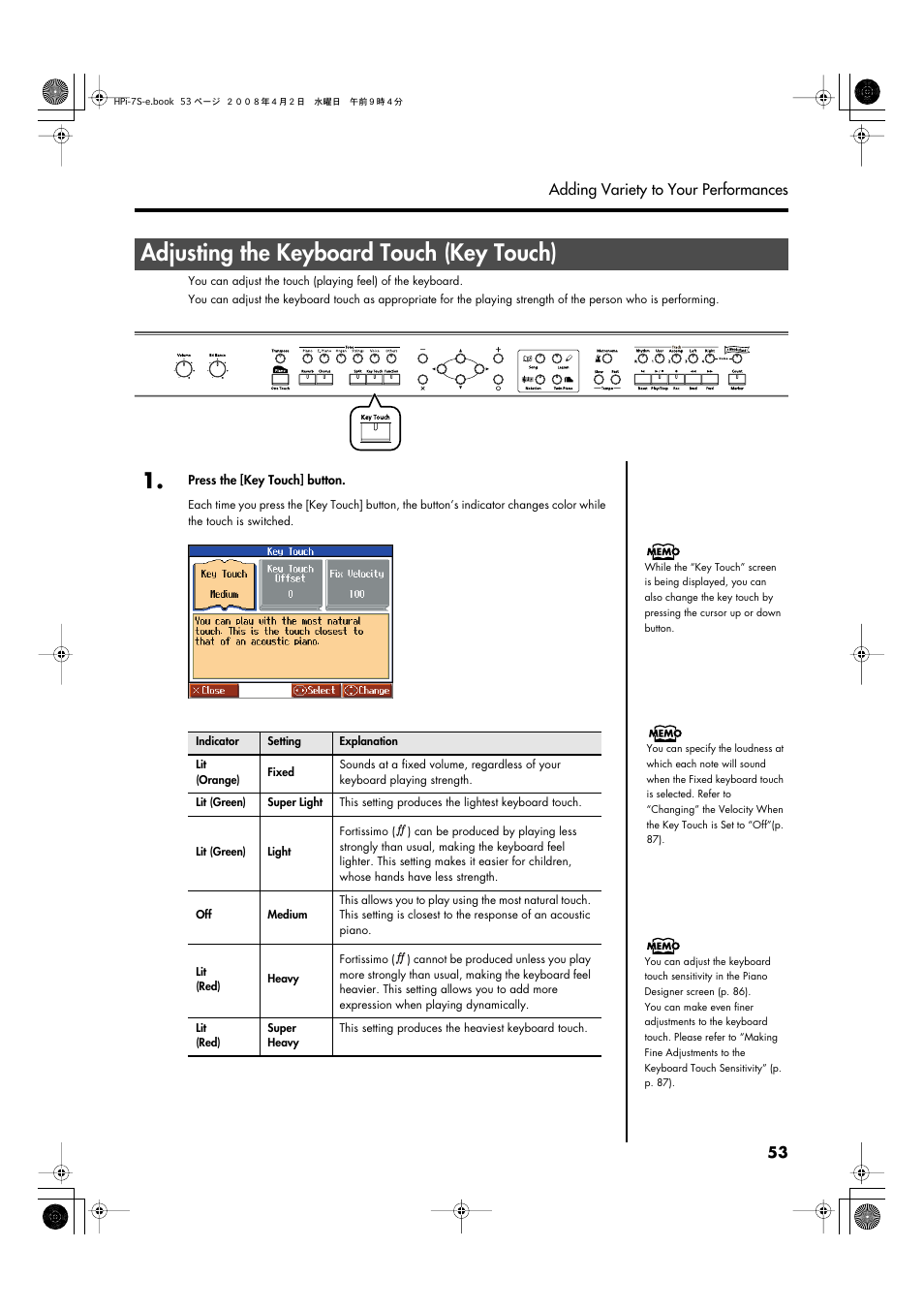 Adjusting the keyboard touch (key touch), Adjusts the touch of the keyboard (p. 53) | Roland HPi-7S User Manual | Page 53 / 136