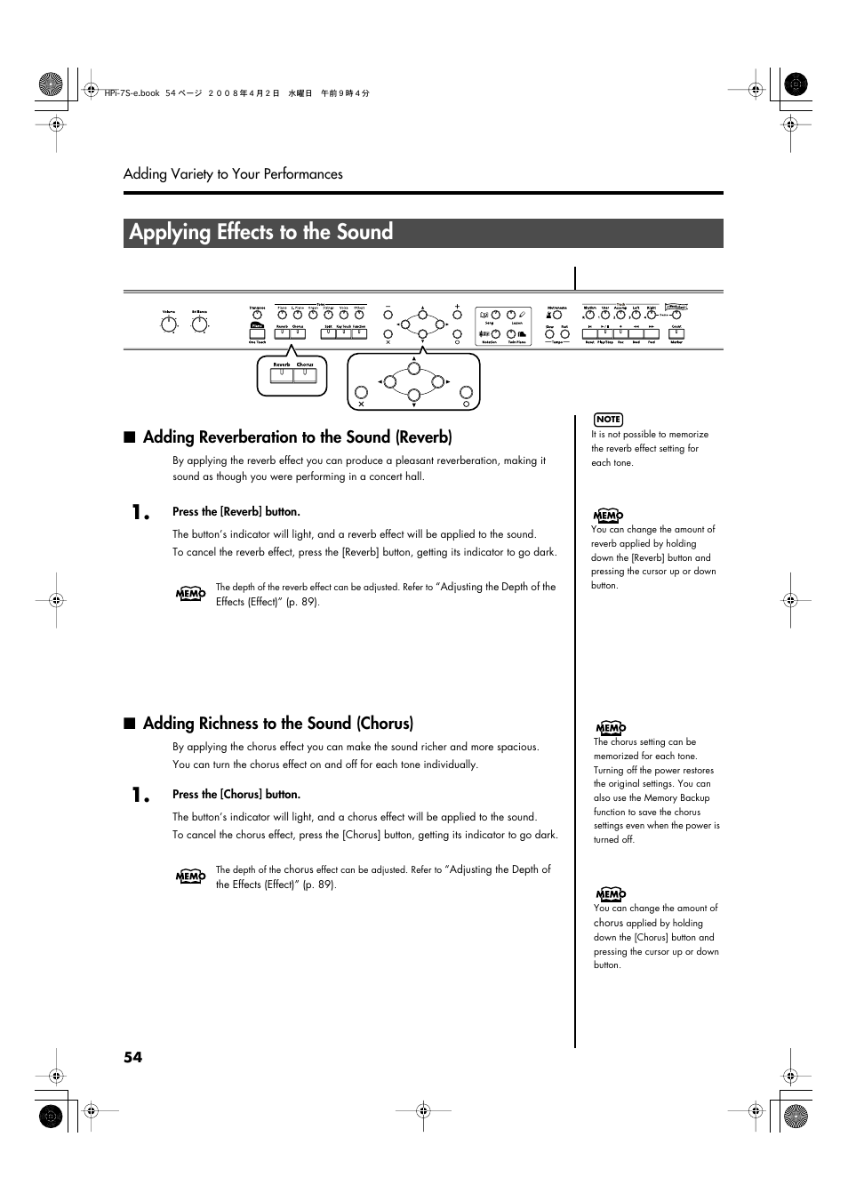 Applying effects to the sound, Adding reverberation to the sound (reverb), Adding richness to the sound (chorus) | Adds reverberation to the sound (p. 54), Adds spaciousness to the sound (p. 54), Reverb (p. 54) | Roland HPi-7S User Manual | Page 54 / 136