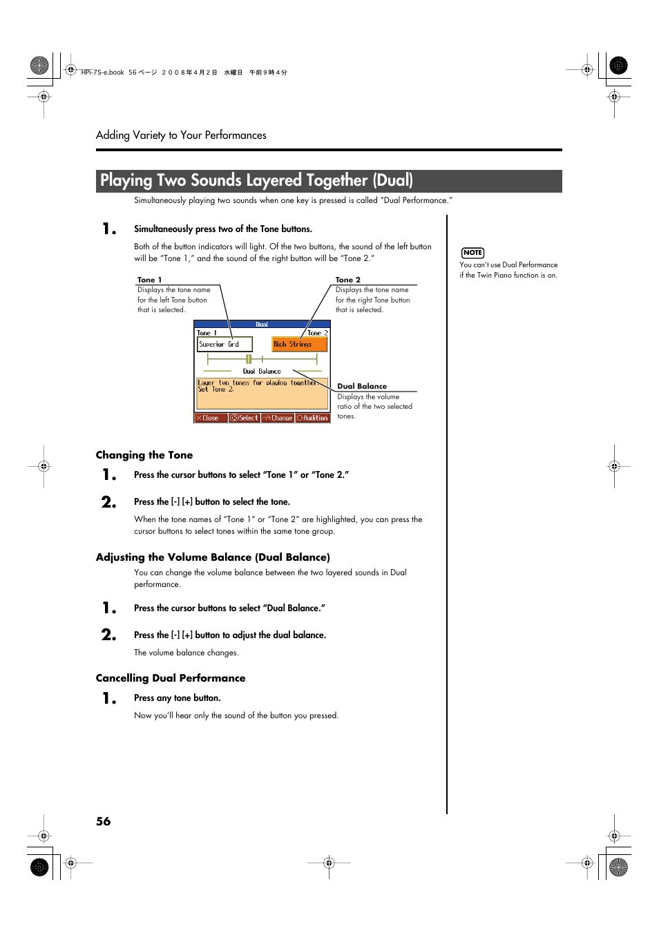 Playing two sounds layered together (dual), P. 56), the layered sound is | Roland HPi-7S User Manual | Page 56 / 136