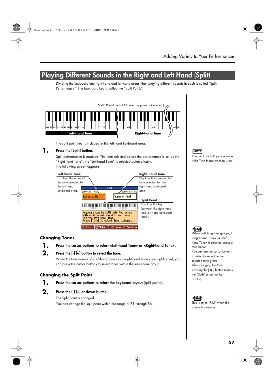 The keyboard (p. 57) | Roland HPi-7S User Manual | Page 57 / 136