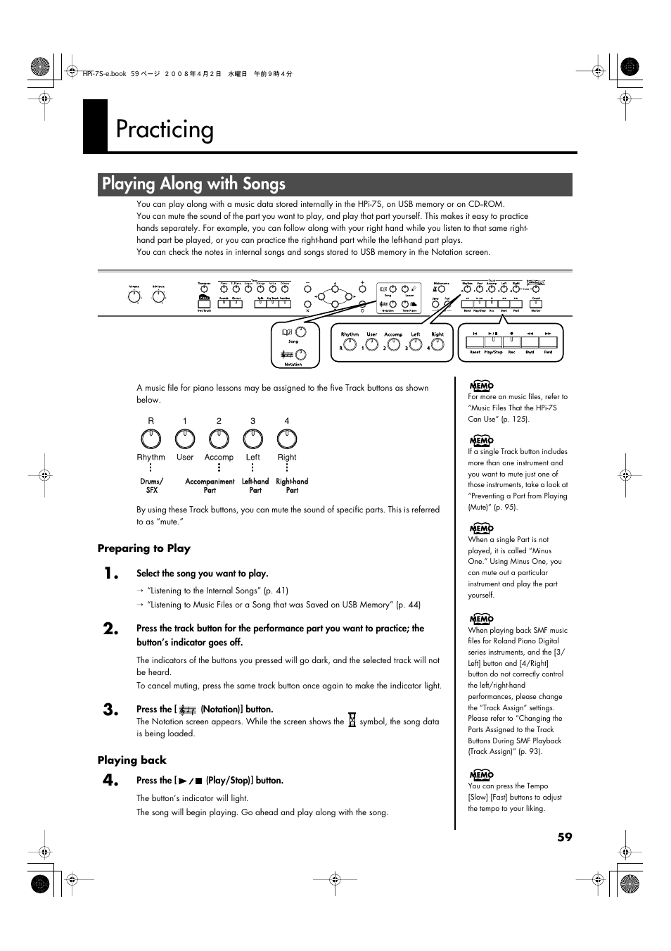 Practicing, Playing along with songs, P. 59, p. 73 – p. 77) | Playing along with songs” (p. 59) | Roland HPi-7S User Manual | Page 59 / 136