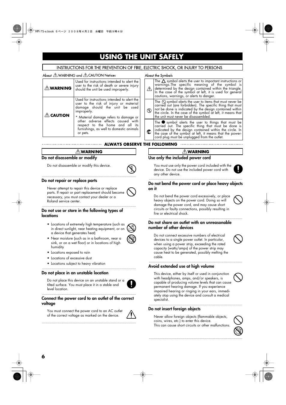 Using the unit safely | Roland HPi-7S User Manual | Page 6 / 136