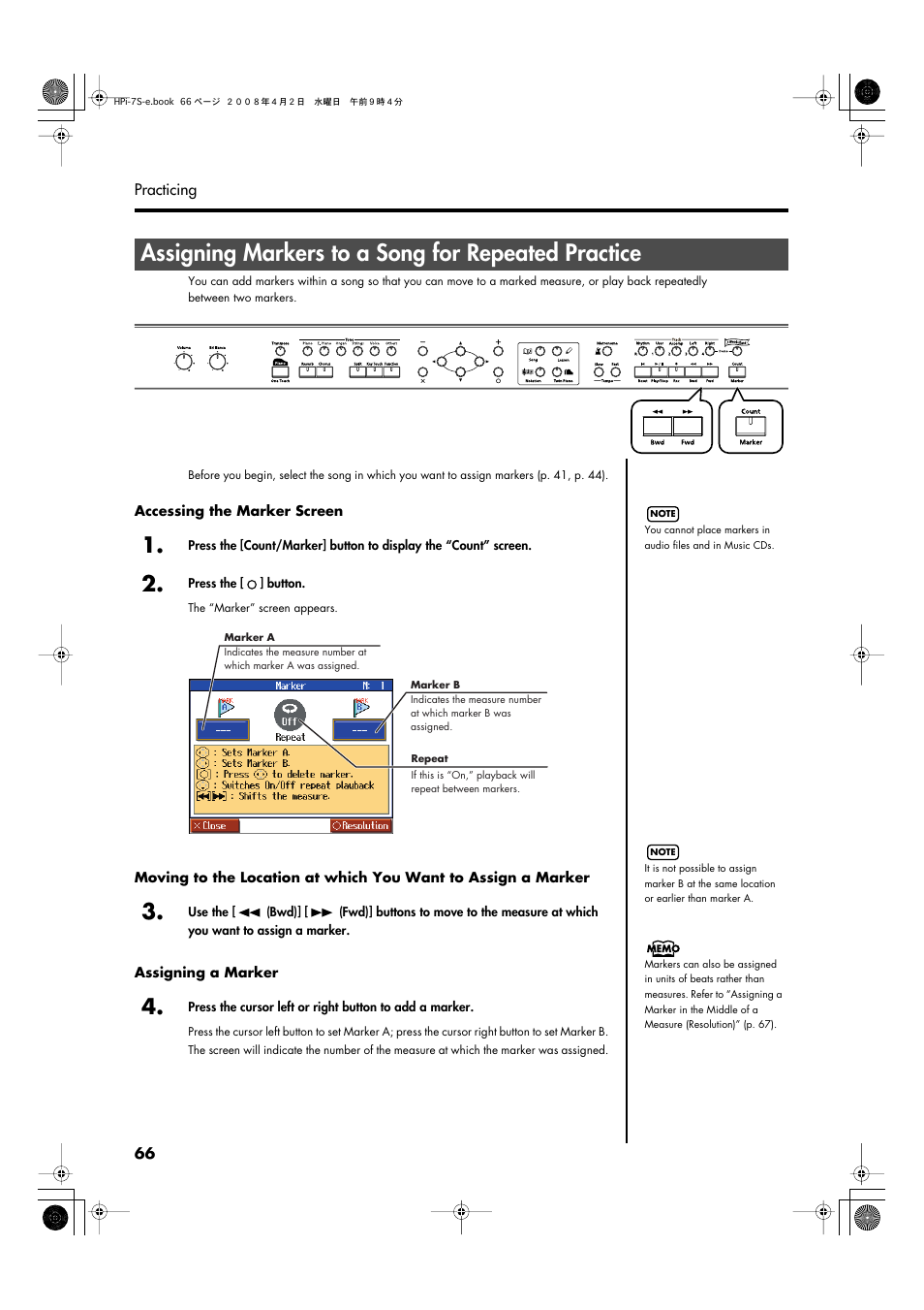 Assigning markers to a song for repeated practice | Roland HPi-7S User Manual | Page 66 / 136