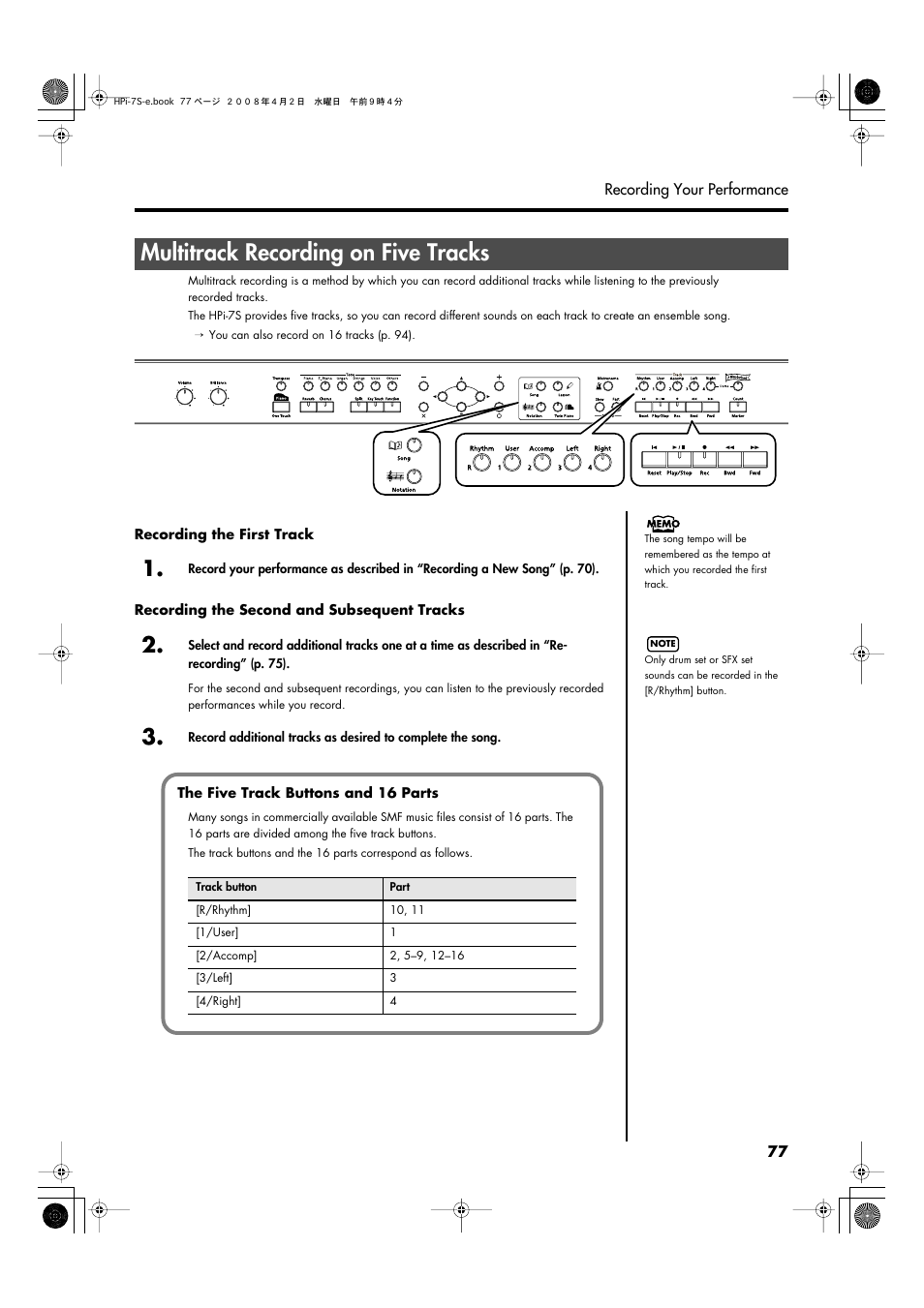 Multitrack recording on five tracks, Multitrack recording on five tracks” (p. 77) | Roland HPi-7S User Manual | Page 77 / 136