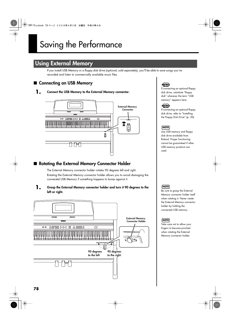 Saving the performance, Using external memory, Connecting an usb memory | Rotating the external memory connector holder | Roland HPi-7S User Manual | Page 78 / 136