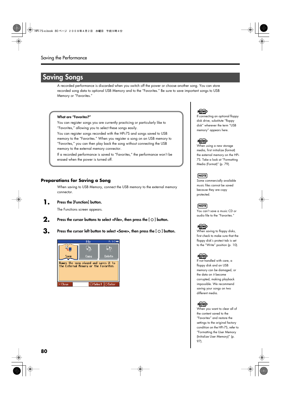 Saving songs, On the hpi-7s (p. 80), Saving songs” (p. 80) | Save to internal memory (p. 80), Refer to “saving songs” (p. 80), 80) the performance before | Roland HPi-7S User Manual | Page 80 / 136