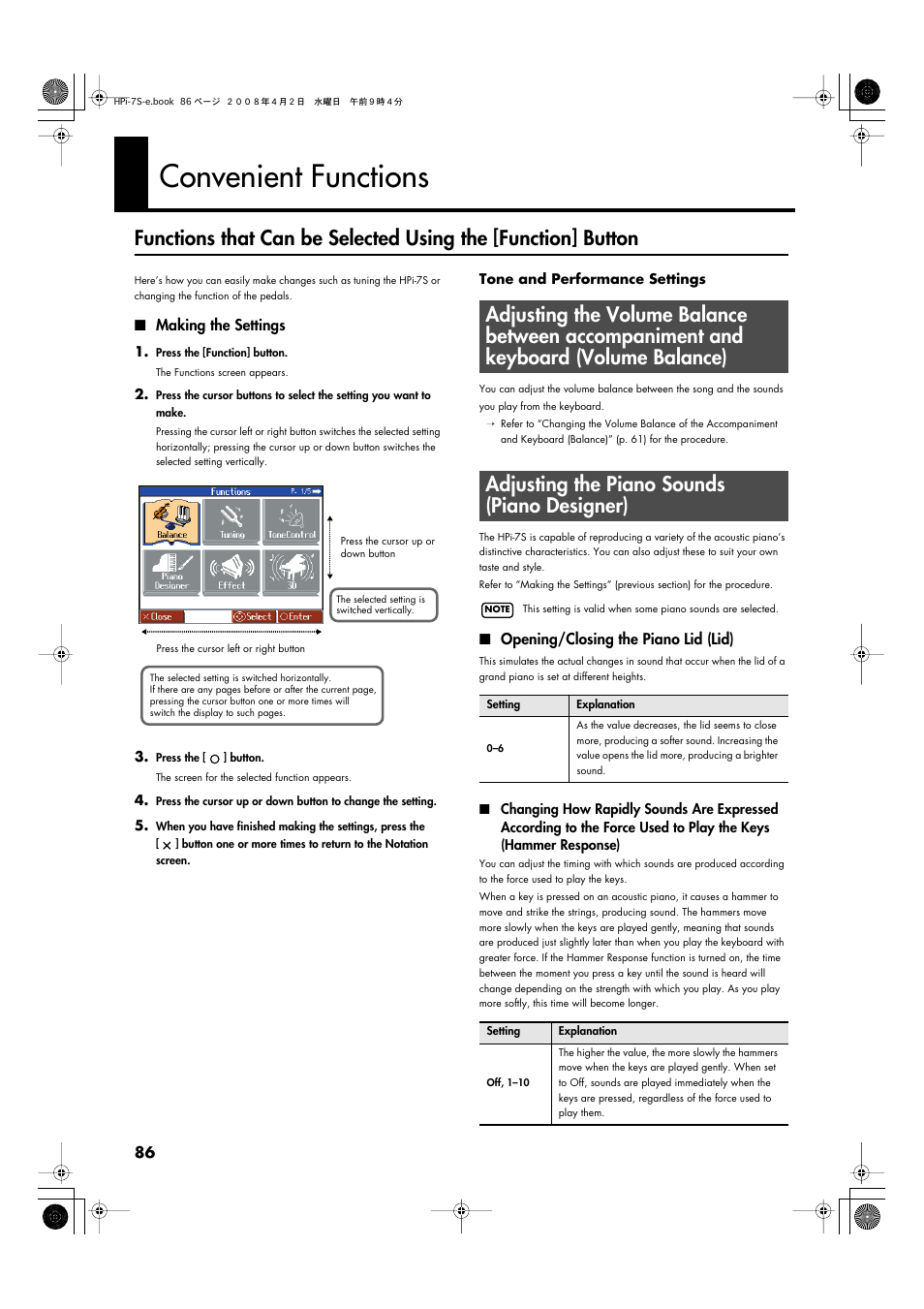 Convenient functions, Making the settings, Adjusting the piano sounds (piano designer) | Opening/closing the piano lid (lid), P. 86–p. 105, p. 108–p. 110), P. 86) | Roland HPi-7S User Manual | Page 86 / 136