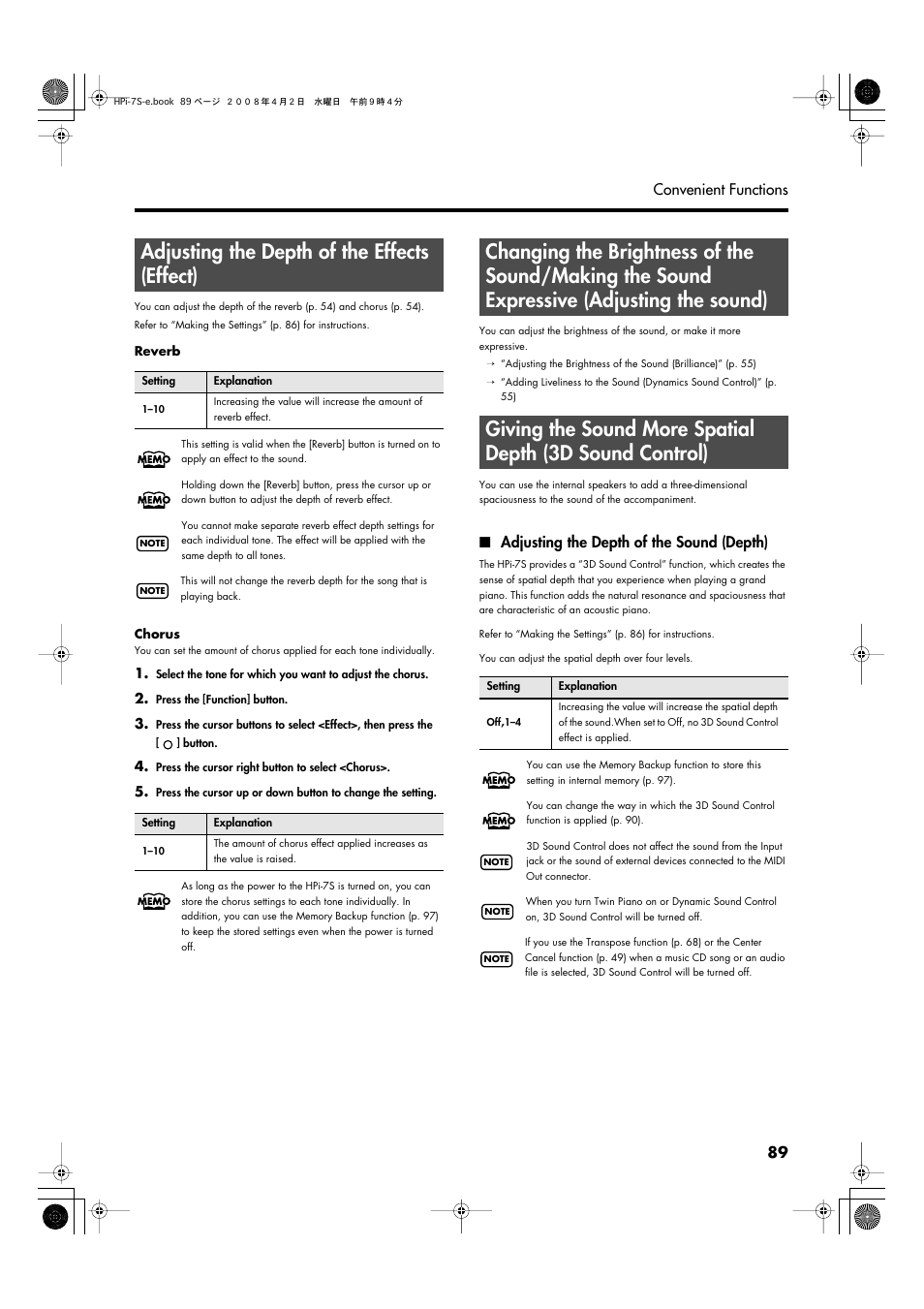 Adjusting the depth of the effects (effect), Adjusting the depth of the sound (depth), 3d sound control (p. 89) | Adjusting the depth of the, Effects (effect)” (p. 89), Effect can be adjusted. refer to, Adjusting the depth of, The effects (effect)” (p. 89), Button, 89 convenient functions | Roland HPi-7S User Manual | Page 89 / 136