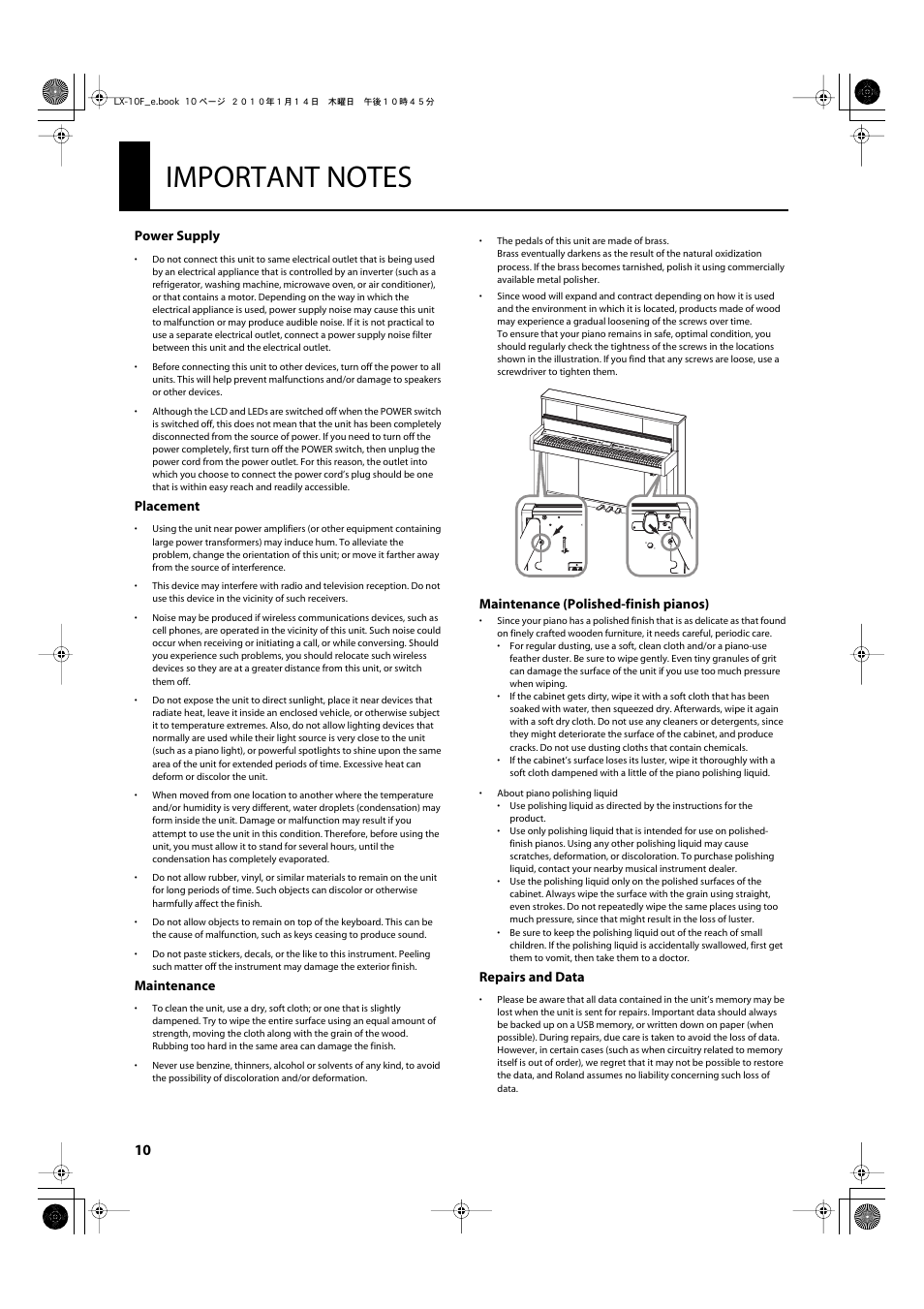 Important notes | Roland Digital Piano LX-10F User Manual | Page 10 / 88