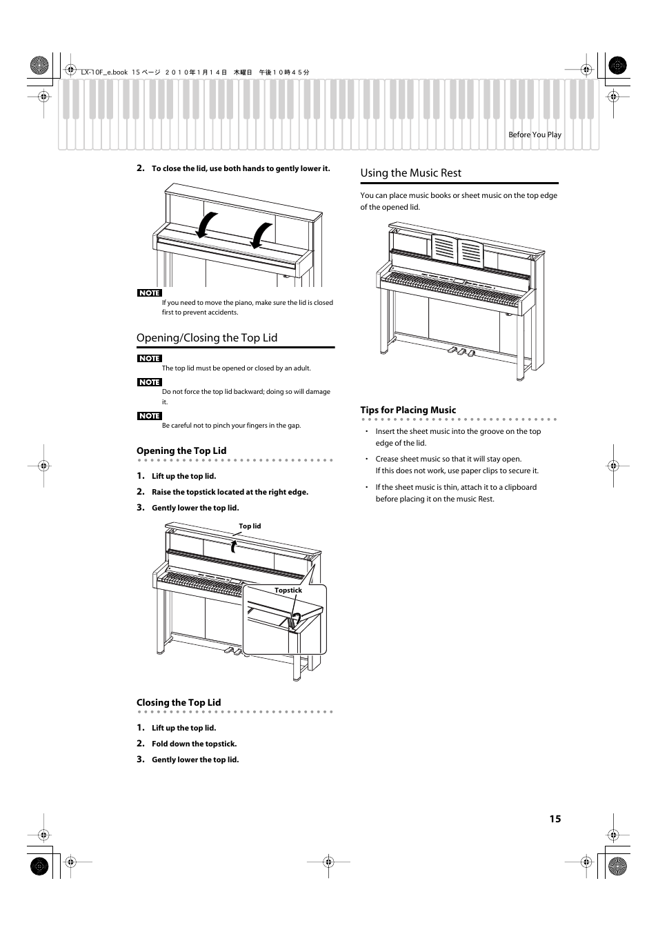 Opening/closing the top lid, Using the music rest, Opening/closing the top lid using the music rest | Roland Digital Piano LX-10F User Manual | Page 15 / 88