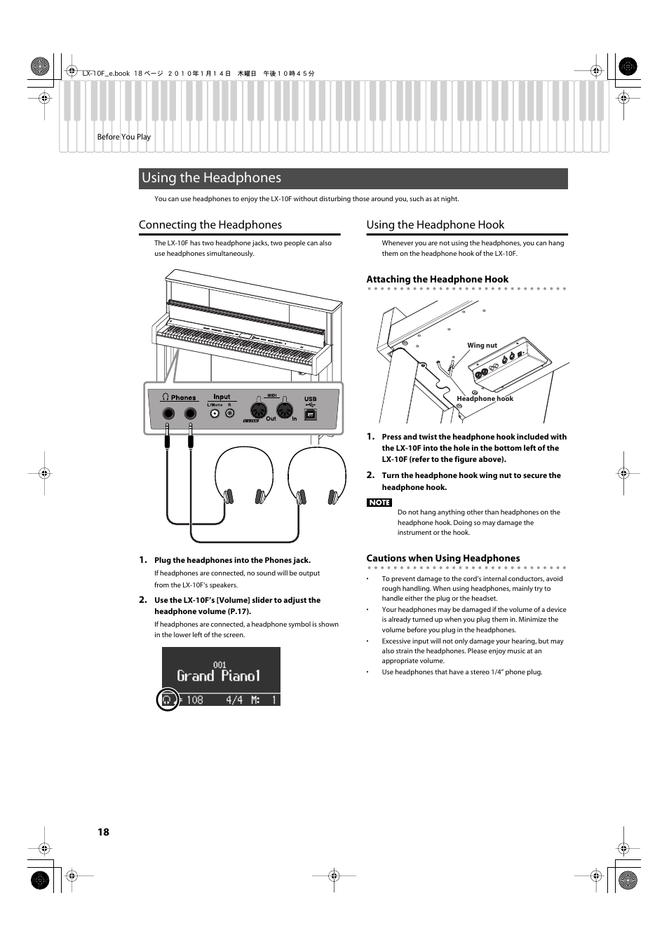 Using the headphones, Connecting the headphones, Using the headphone hook | Connecting the headphones using the headphone hook, Here you can connect headphones (p. 18 | Roland Digital Piano LX-10F User Manual | Page 18 / 88