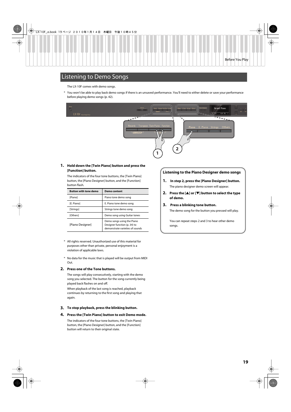 Listening to demo songs | Roland Digital Piano LX-10F User Manual | Page 19 / 88