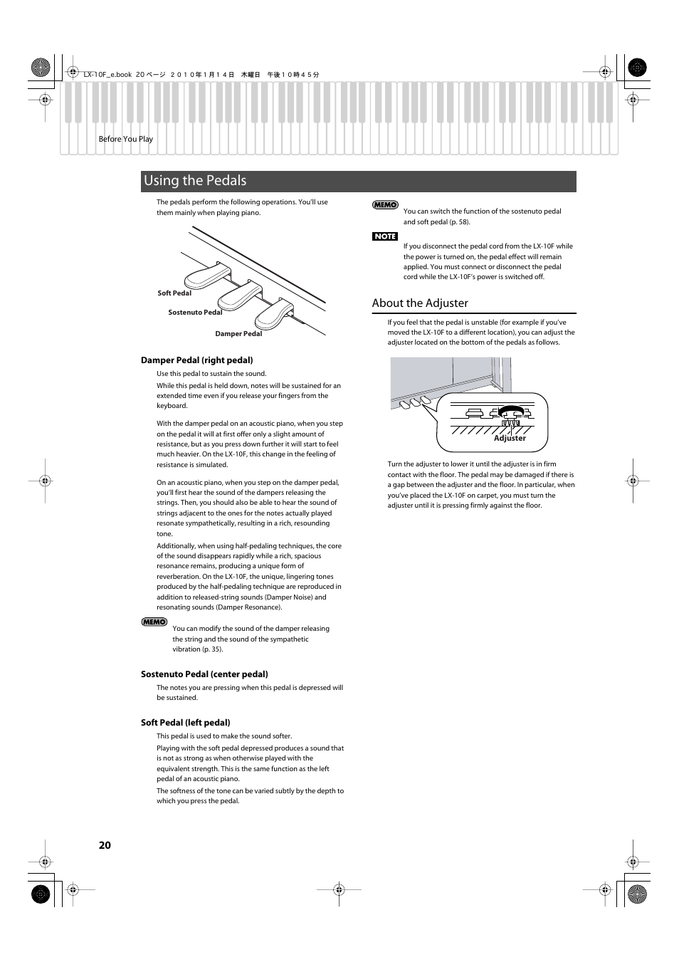 Using the pedals, About the adjuster, These are used mainly when playing piano (p. 20) | Roland Digital Piano LX-10F User Manual | Page 20 / 88