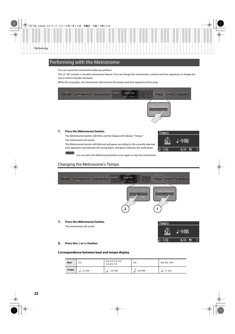 Performing with the metronome, Changing the metronome’s tempo, P. 22) | Turns the internal metronome on/off (p. 22) | Roland Digital Piano LX-10F User Manual | Page 22 / 88