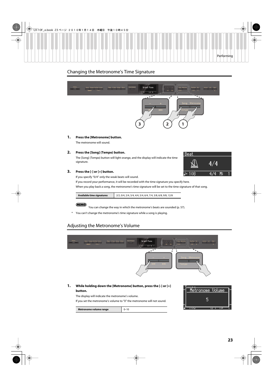 Changing the metronome’s time signature, Adjusting the metronome’s volume | Roland Digital Piano LX-10F User Manual | Page 23 / 88