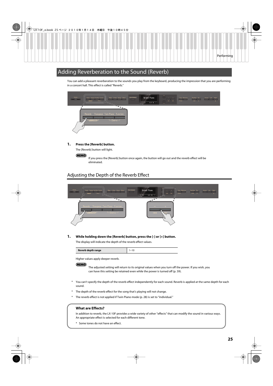Adding reverberation to the sound (reverb), Adjusting the depth of the reverb effect, When performing in a concert hall (p. 25) | Roland Digital Piano LX-10F User Manual | Page 25 / 88